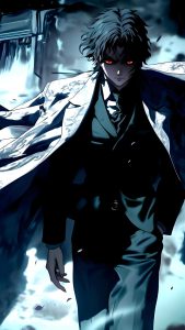 Dark anime villain with glowing red eyes walking through a shadowy environment, representing Muzan Kibutsuji's terrifying presence and fear of death.