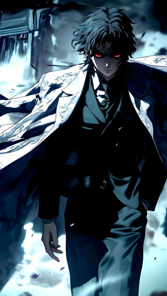 Dark anime villain with glowing red eyes walking through a shadowy environment, representing Muzan Kibutsuji's terrifying presence and fear of death.
