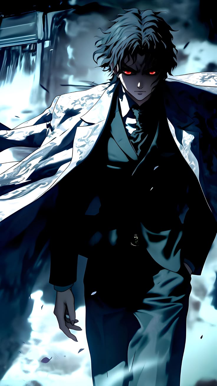 Dark anime villain with glowing red eyes walking through a shadowy environment, representing Muzan Kibutsuji's terrifying presence and fear of death.