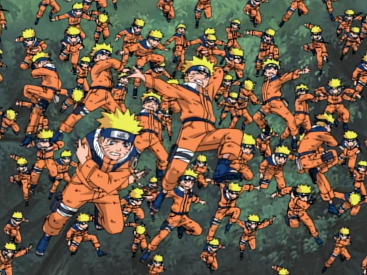Naruto using Shadow Clone Jutsu to create hundreds of clones in the forest