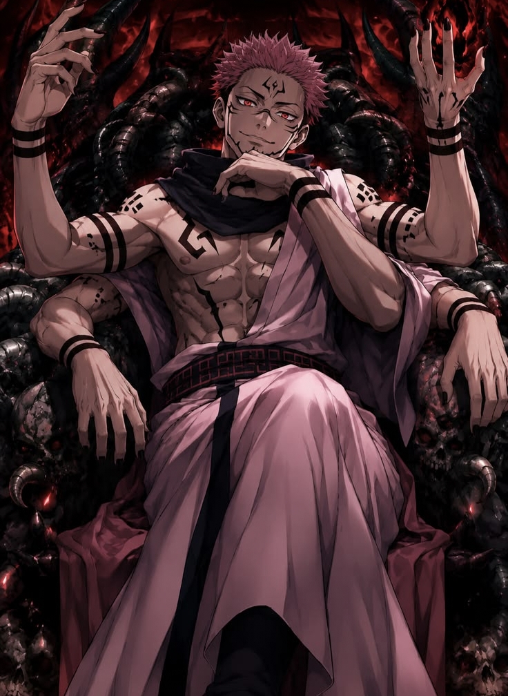 Ryomen Sukuna seated as the King of Curses with red markings on his face