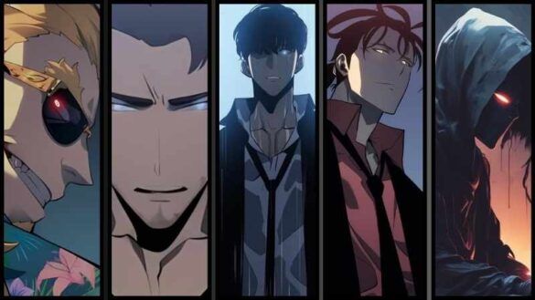 National Level Hunters and elite Solo Leveling characters including Thomas Andre, Liu Zhigang, Sung Jinwoo, Christopher Reed, and Siddharth Bachchan displayed in a dramatic character collage.
