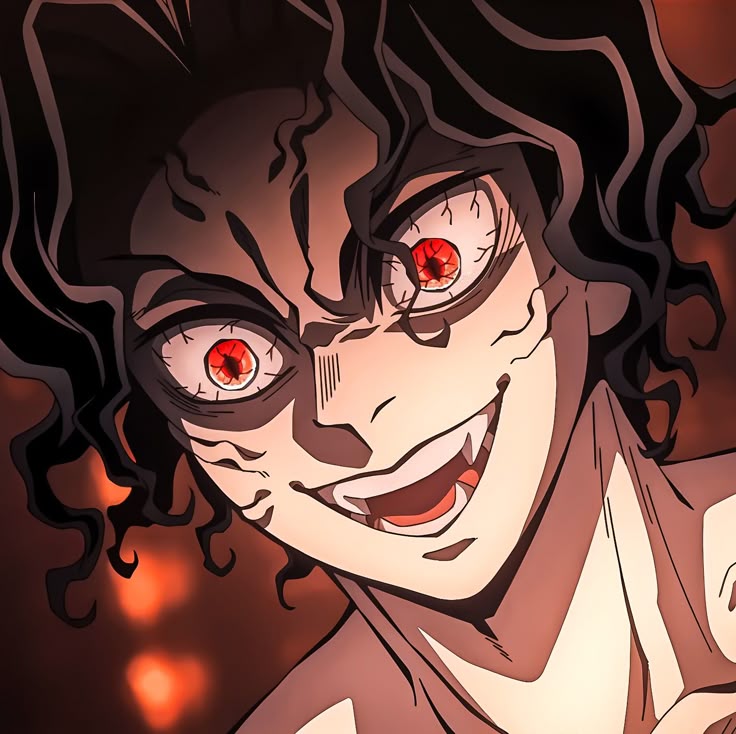 Close-up of Muzan Kibutsuji, the demon king, with glowing red eyes, sharp features, and a sinister grin, surrounded by a fiery, ominous background.