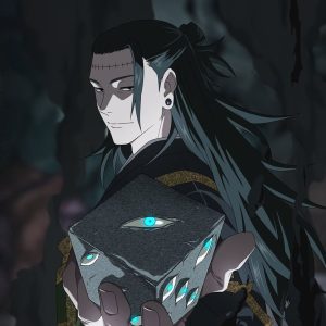 Kenjaku holding a mysterious cursed object with a glowing blue eye in Jujutsu Kaisen