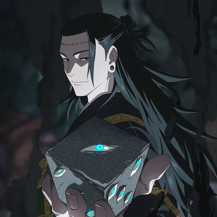 Kenjaku holding a mysterious cursed object with a glowing blue eye in Jujutsu Kaisen